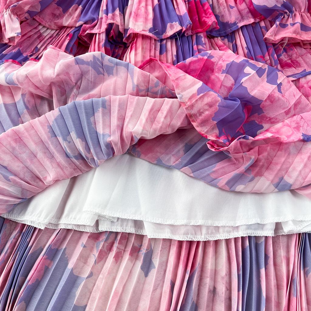 Новое осеннее элегантное женское платье с круглым вырезом и принтом в стиле пэчворк, складками и оборками, с длинными рукавами и высокой талией