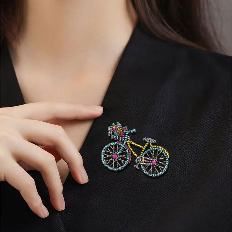 Vintage Romantic Flower Basket Bicycle Brooches For Women Fashion Full Rhinestone Colorful Metal Beauty Brooch Pins Wedding Gift