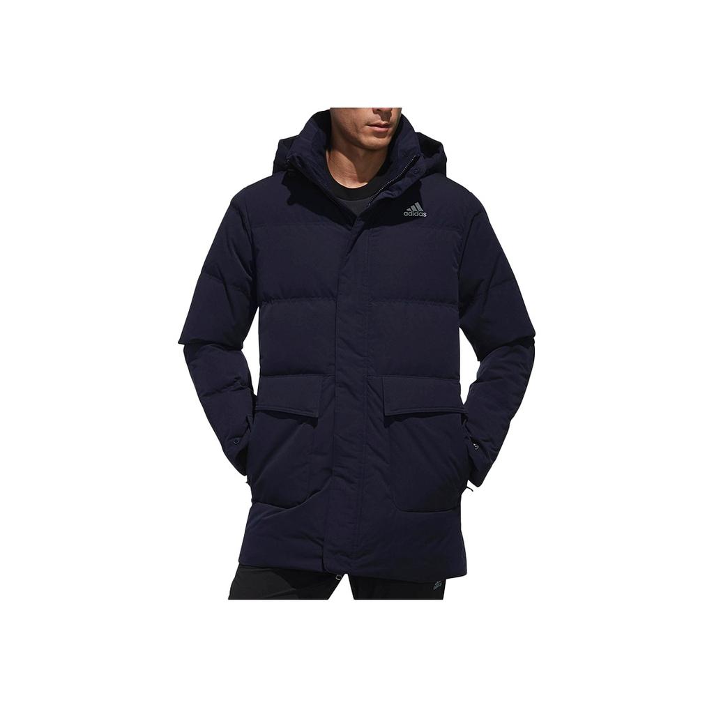 Adidas Solid Color Letter Print Hooded Mid-Length Down Jacket Men Outerwear Navy-Blue CK0970