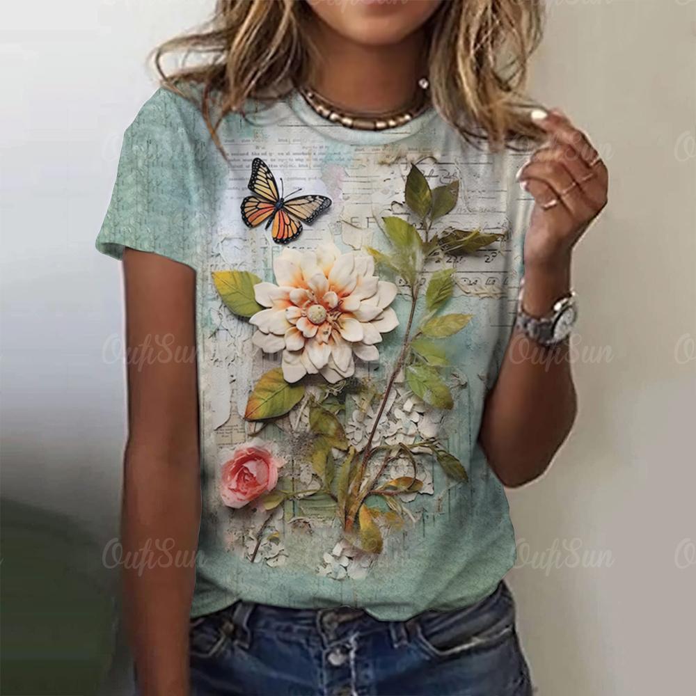 Vintage Women's T-shirts Three-Dimensional Rose Pattern Short Sleeves T Shirt Top Summer Y2K Women Clothing Crew Neck Pullover