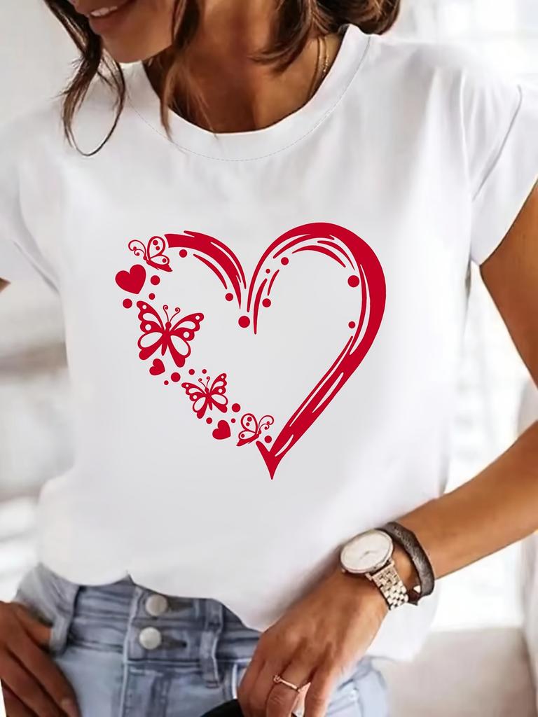 Womens TShirt Featuring A Love Heart and Butterfly Design Printed Casual Crew Neck Short Sleeves Women Summer Clothing