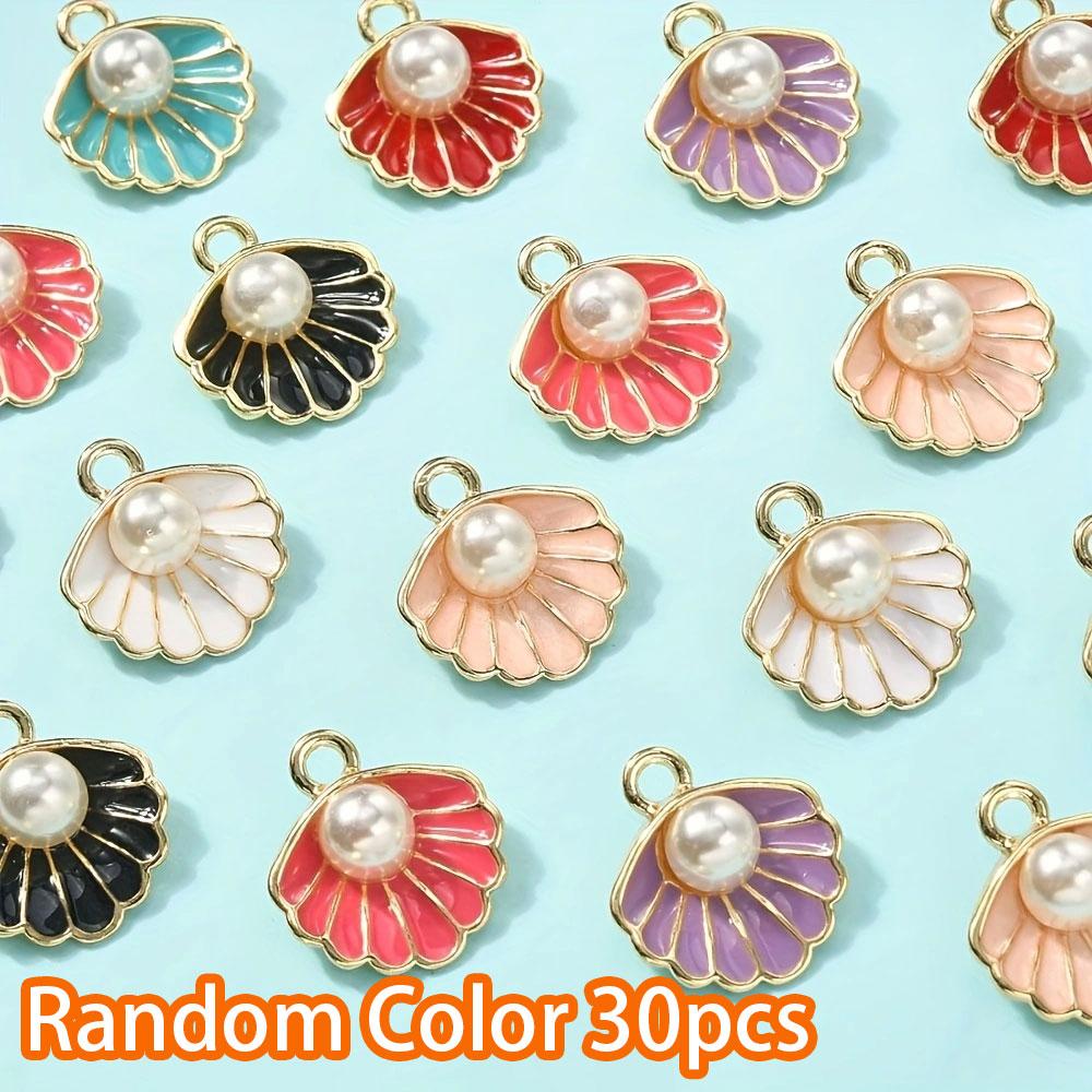 10/20/30pcs Alloy Material 8-color Clam Shell Pendant with Plastic Decorative Beads, Used for Necklace and Jewelry Making