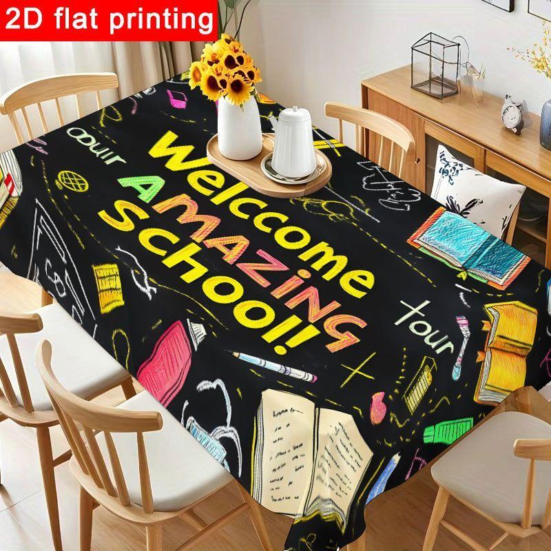 1pc Colorful Chalkboard Welcome Tablecloth - Cheerful Design with Educational Symbols, Reusable & Easy to Clean for School Events, Birthday Parties, G