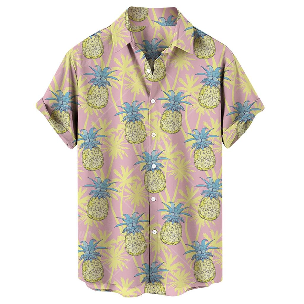 Men's Spring Summer Casual Fruit Printing Hawaiian Lapel Short Sleeve Men's Shirt Men's Top