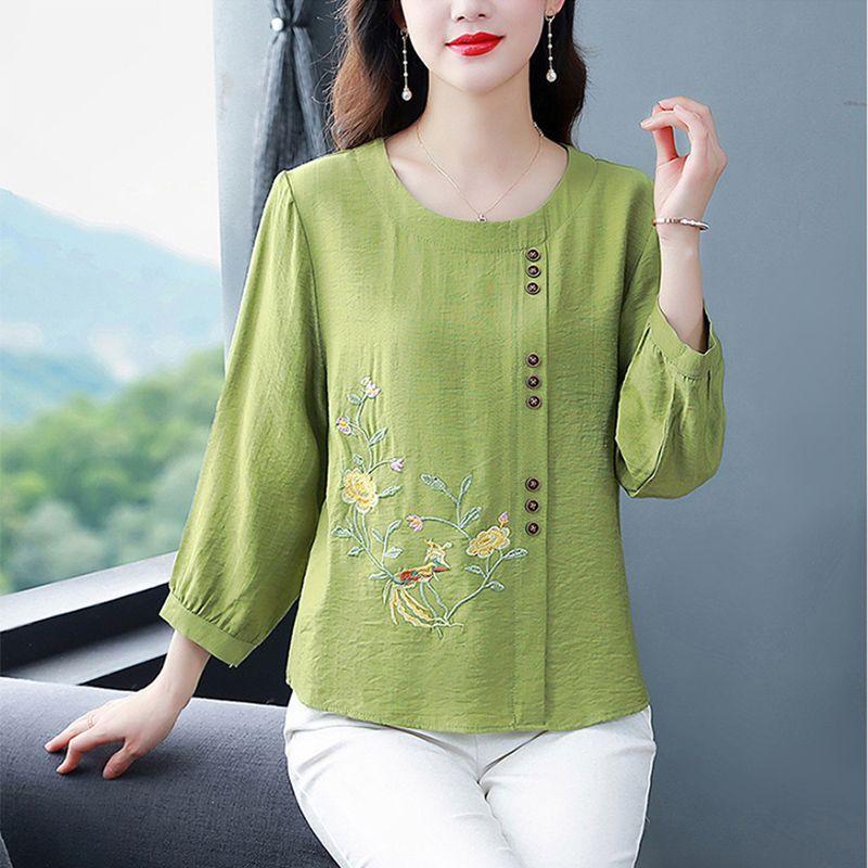 Summer Cotton Linen Embroidery Loose Casual Blouse Lady 3/4 Sleeve Vintage All-match Top Women Fashion Oversized Elegant Shirt
