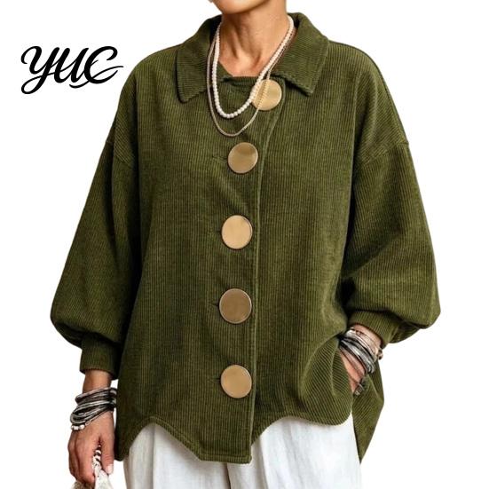 Lady Corduroy Jacket Women with Large Metal Buttons, Lantern Sleeve Casual Long Coat for Fall Winter, Loose Fit Oversized Collared Outerwear Warm