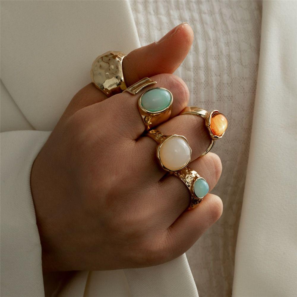 5Pcs Gold Tone Vintage Ring Set Aesthetic Alloy Fashion Jewelry Gift Boho Open Rings  for Women