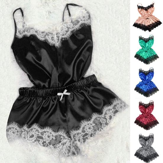 Spaghetti Strap Lace Stitching Vest Shorts Set Imitation Satin V-Neck Sleeveless Pajama Set for Wedding Night