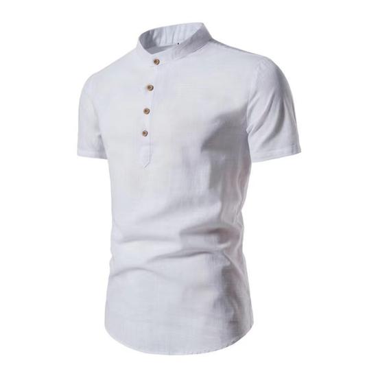 Мужская рубашка сплошной цвет Slim Fit воротник-стойка с короткими рукавами мягкий легкий пуловер на пуговицах