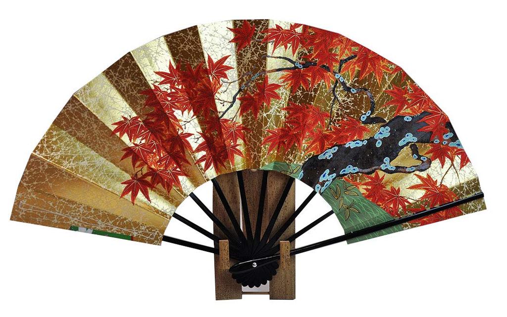 decorative cherry leaves with fan in a <Kyoto Fan> Double-sided fan, blossom/autumn design, stand, box.