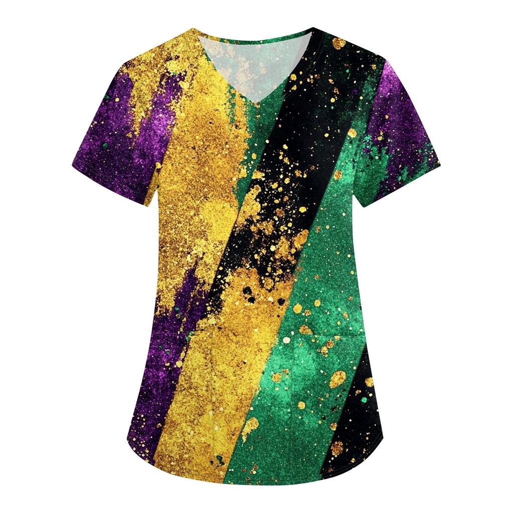 Женская карнавальная принтовая свободная униформа с V-образным вырезом и карманом с коротким рукавом