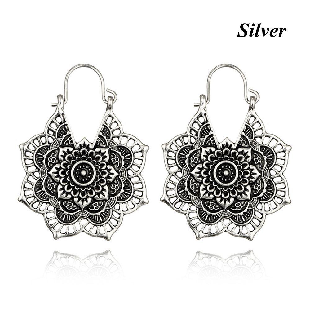 Антикварные племенные бохо висячие серьги-пусеты с полым кулоном в виде цветка мандалы