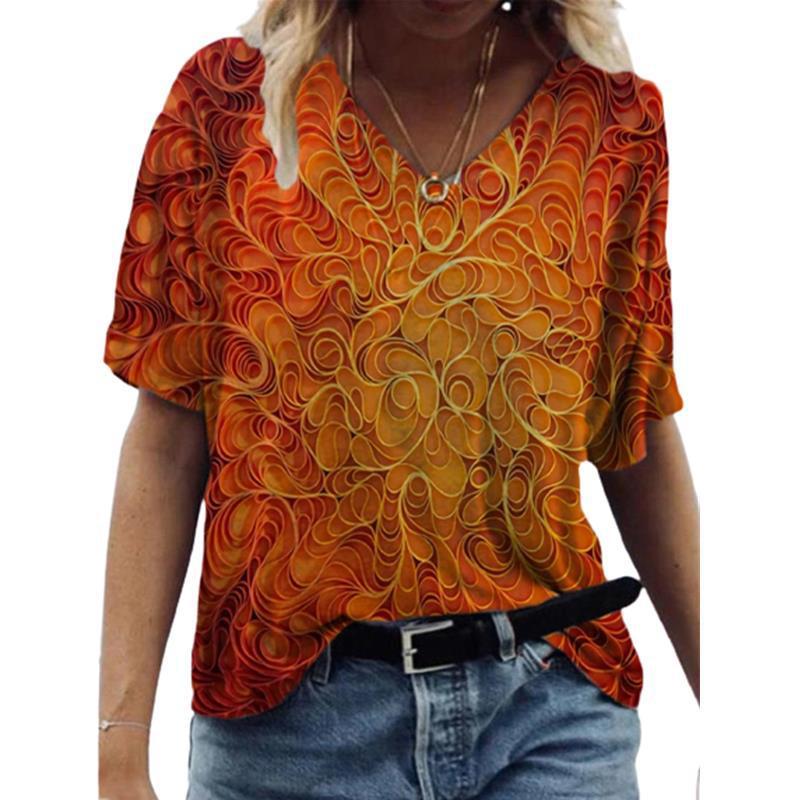 Summer V-neck 3D Abstract Printed Top Fashionable Casual Short Sleeved Women's T-shirts