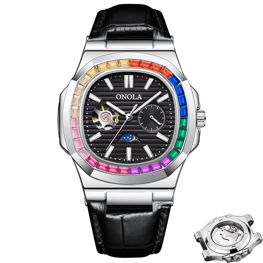 Tourbillon Hollowed Out Fully Automatic Mechanical Watch Men's Diamond Studded Moon Phase Dial Waterproof Luminous Watch Holiday Gift Watch