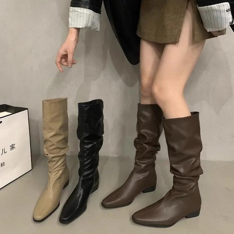 Fashion Stretch Soft Leather Women 2025 High Boots Fashion Pointed Toe Shoes Autumn Winter Thick Heel Ladies Long Booties