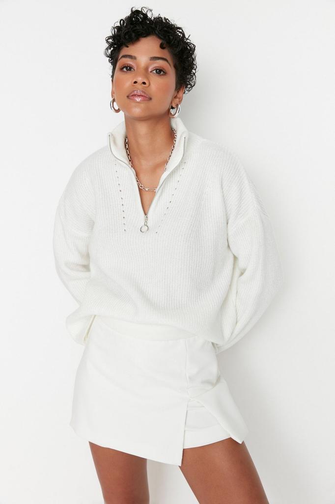 Женский свитер в элегантном стиле, зеленый мягкий текстурированный трикотаж на молнии, свитер