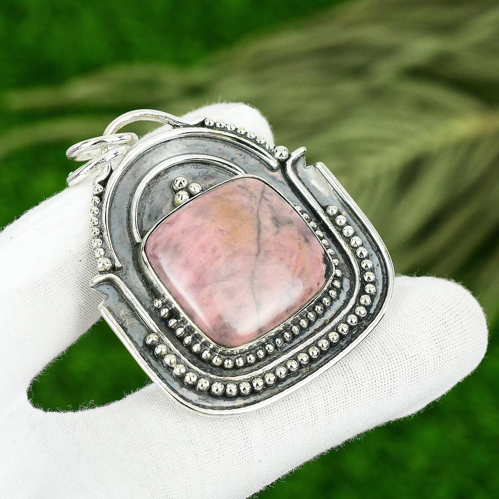 Friendship Day Deal Sterling Silver Rhodonite Stone Bezel Sister Pendant Jewelry
