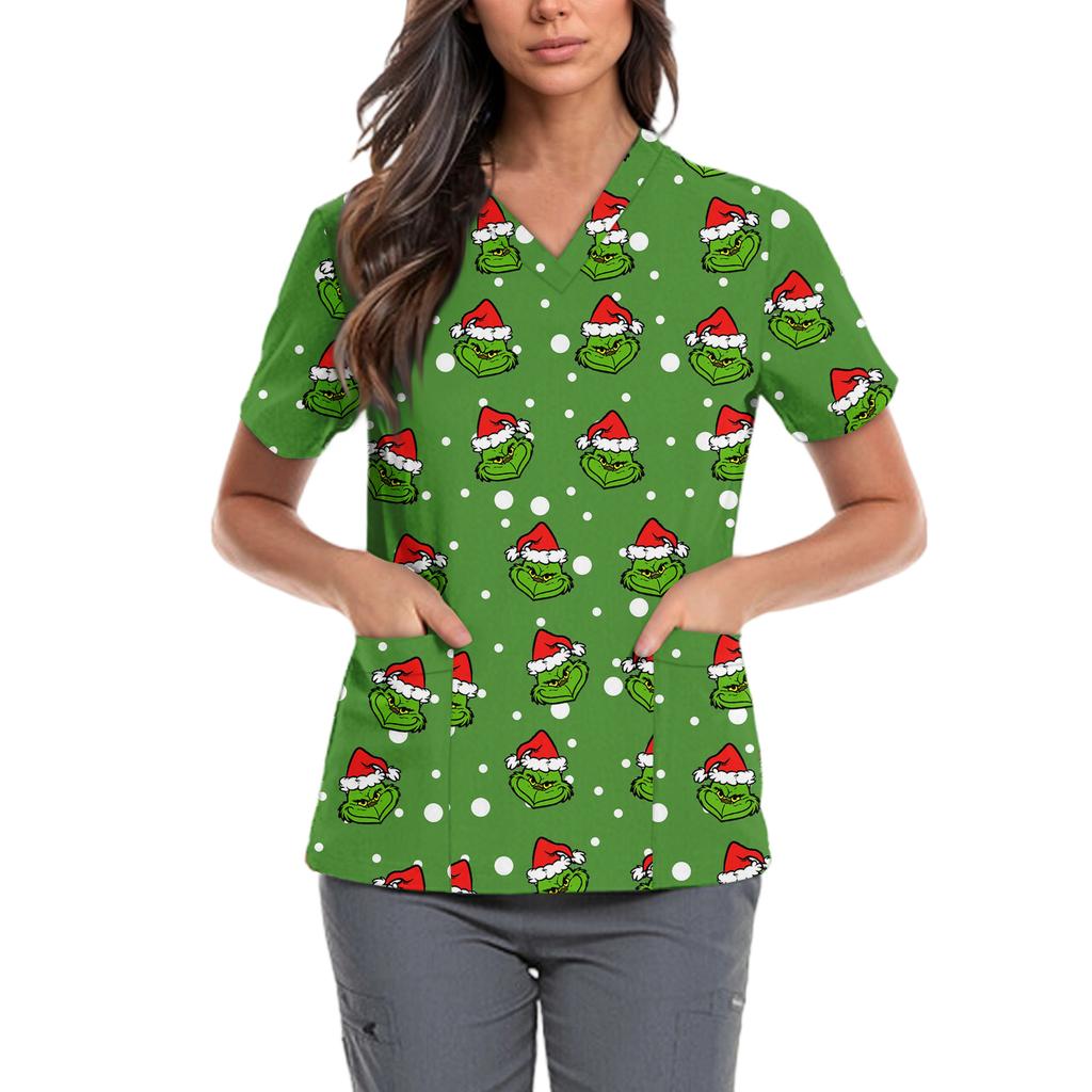 Женская милая блузка с принтом бантиков, рабочая одежда, V-образный вырез, двойной слой, карманы, базовая, с коротким рукавом, пуловер