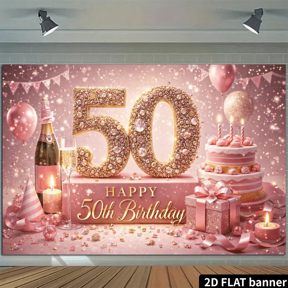 Тканевый фон для вечеринки в честь 50-летия, 2D-плоскость, золотые сверкающие бриллианты, цифры 50, тема: бутылка шампанского и полосатая вечеринка