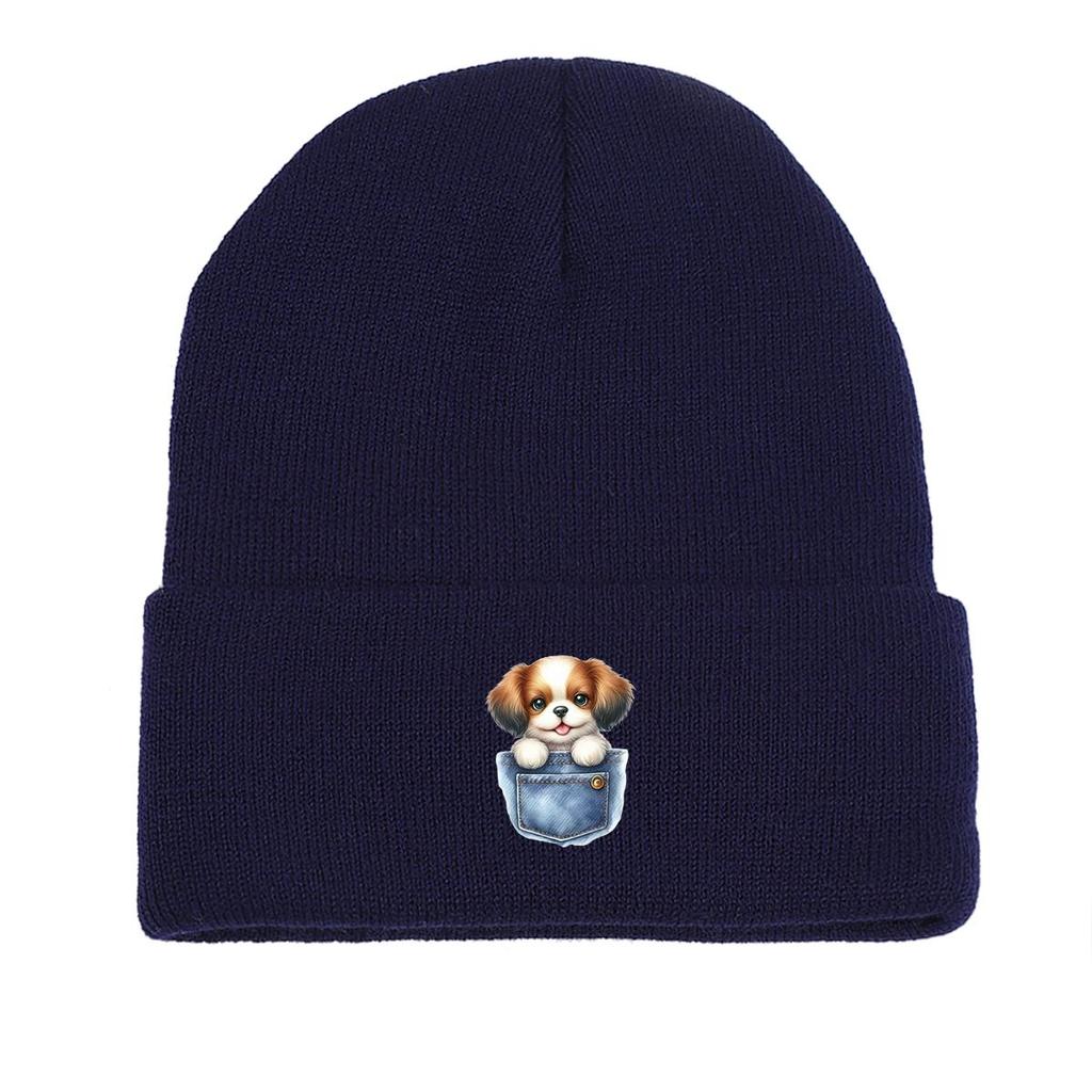 Cartoon Dog Pocket Warm Knitted Cap Beanie, Animal Woman Cap Cozy Candy Color Solid Color Pompom Beanies Knit Hat Beanie