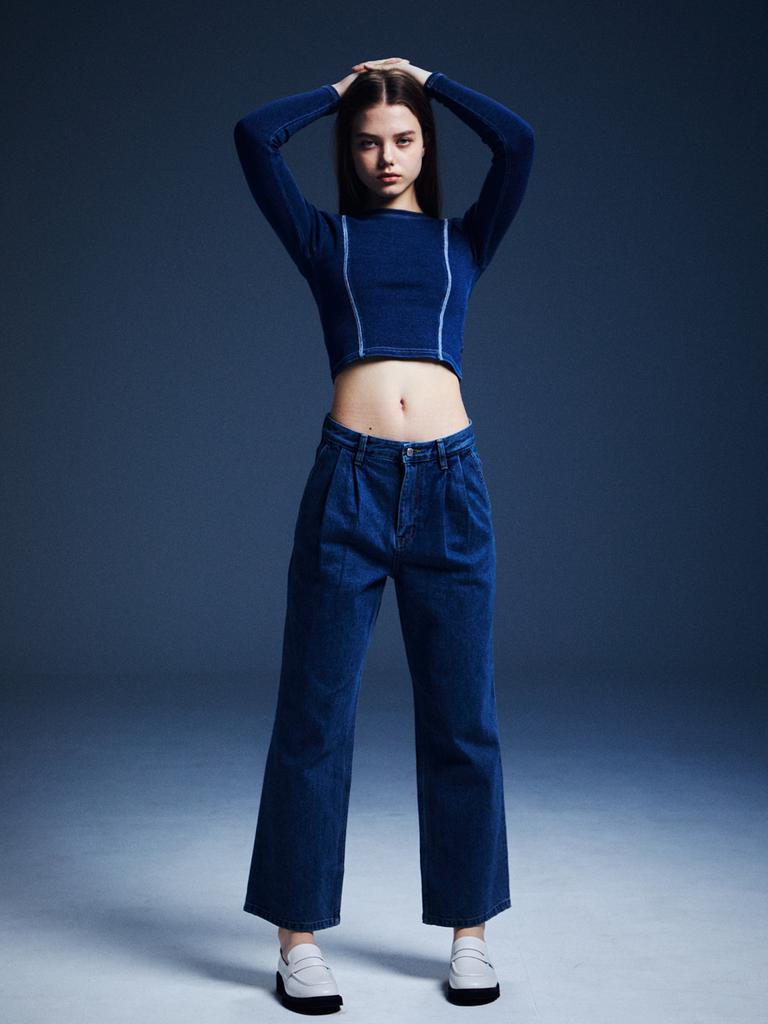 RENNESMIA Washed Double-Pleat Denim Pants _ Blue