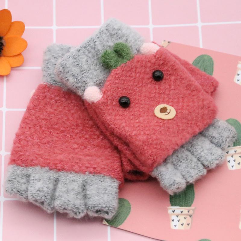 Детские зимние варежки без пальцев с мультяшным котенком - Теплые, милые, вязаные под кашемир для учеников начальной школы