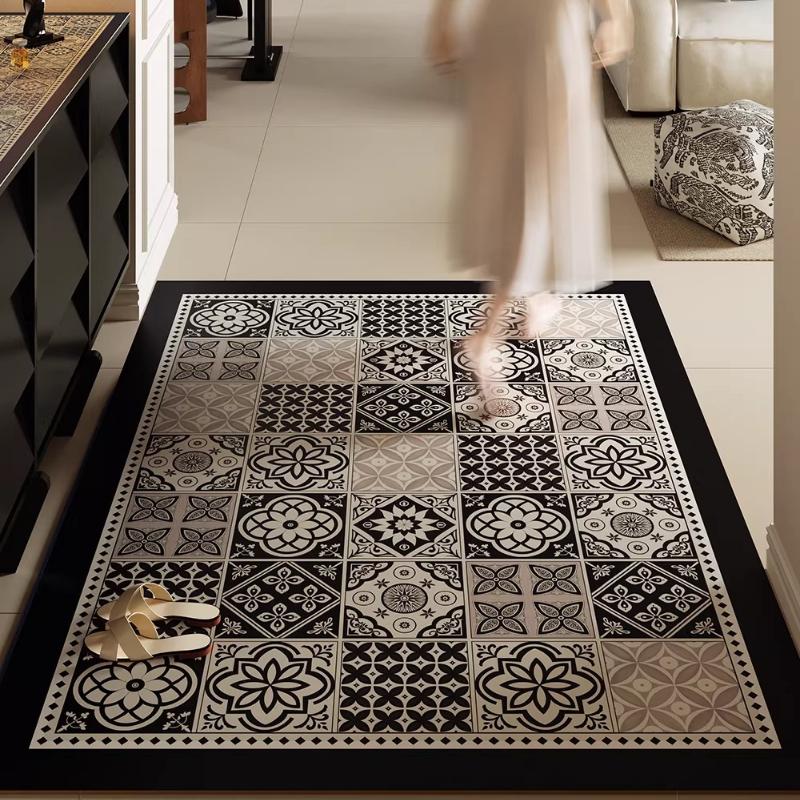 Doormat Leather Non-slip Floor Mat Waterproof Carpet French Retro Plaid Print Carpets Doormat Home Decor Rug