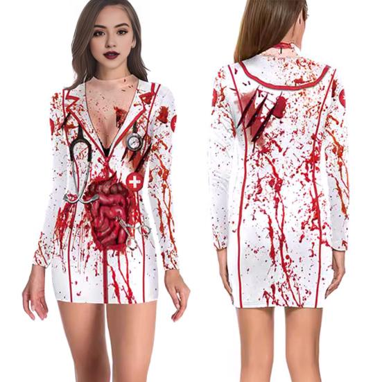 Хэллоуин Женское платье Кровавое пятно Скелет Паук Принт V-образный вырез Медсестра Косплей Длинные рукава Дом с привидениями NPC Костюм для выступлений