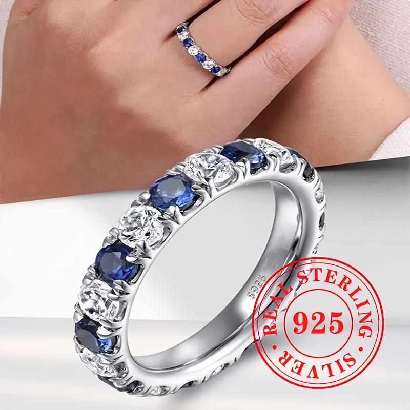 925Pure silver simple and stylish ring set with blue and white synthetic zircon stones, women's holiday casual party jewelry, a Valentine's Day gift