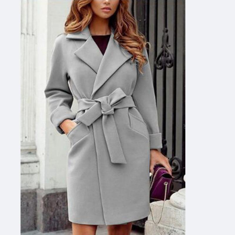 Autumn Winter Coats For Women Wool Blend Long Jackets Turn Dowmn Collar Slim Belt Bandage Outerwear Overcoat