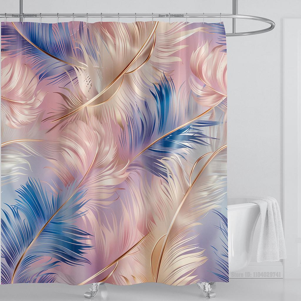 3D Feather Shower Curtain Set Colorful Printed Design Fabric Bathroom Decoration Waterproof Washable Shower Curtain with Hooks
