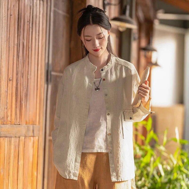 Johnature Женские винтажные рубашки, топы с длинным рукавом, весенние блузки на пуговицах, лоскутные карманы, однотонные рубашки