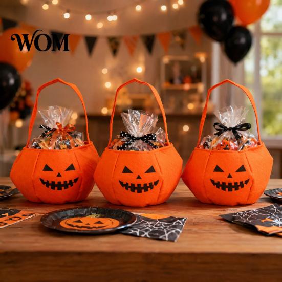 Flexible Hand Strap Bag Halloween Pumpkin Candy for Kids, Small Trick or Treat Bucket, Party Favor Soft Face Basket with Handle Decoration Stiff Tote