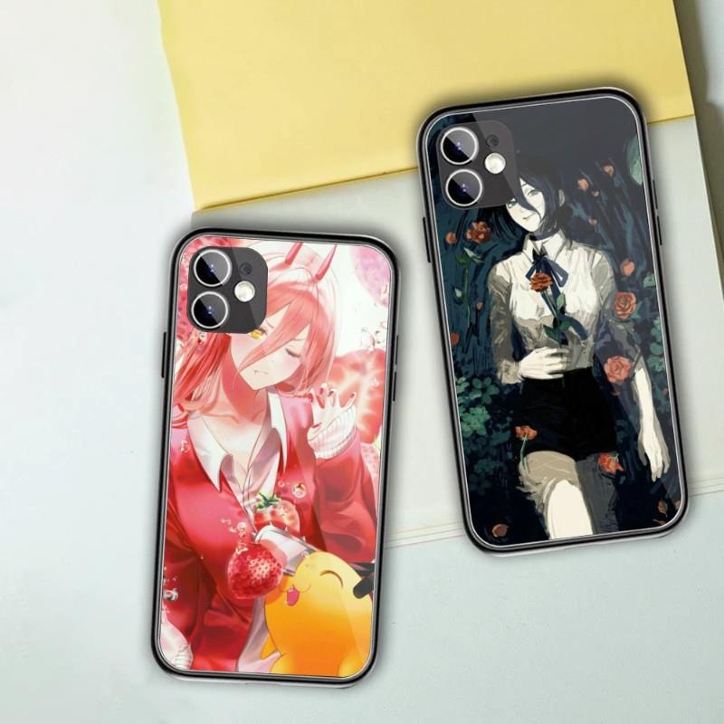 Чехол для телефона с рисунком аниме «Человек бензопилы» для IPhone 13 12 11 XS X 8 7 6 Plus Mini Pro Max SE 2022, черный стеклянный чехол из ПК и ТПУ
