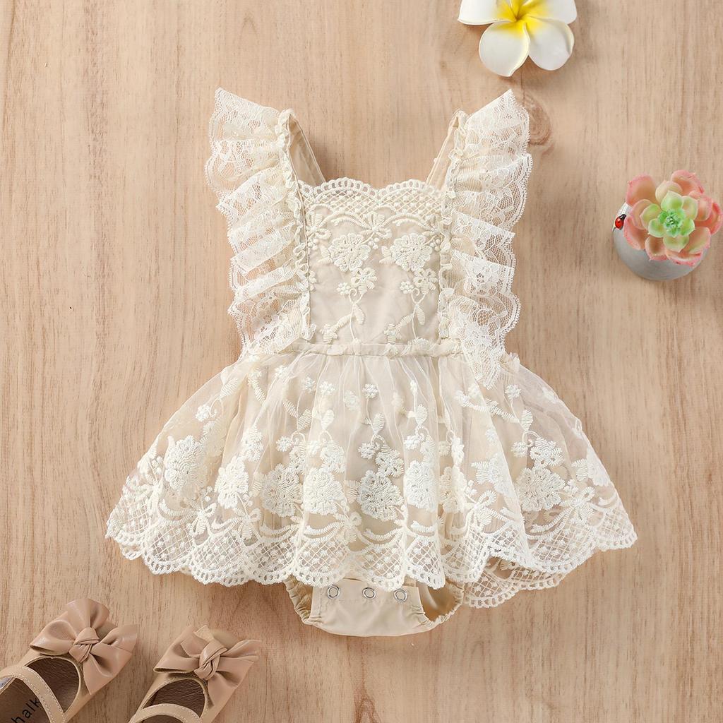 Baby Girls Summer Romper, Plain Floral Lace Embroidery Skirt Layered Adjustable Straps One-Piece, Snap Triangle-Bottom Jumpsuit
