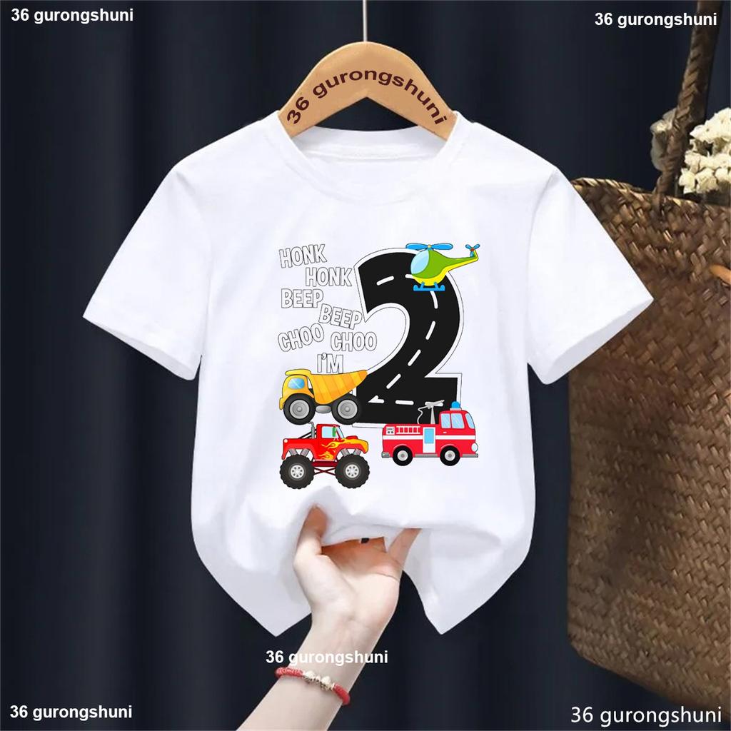 Birthday Gift Famer Tractor Fire Truck Aircraft Printed T Shirt Boys Kawaii Kids Clothes White/Blue/Yellow T-Shirt