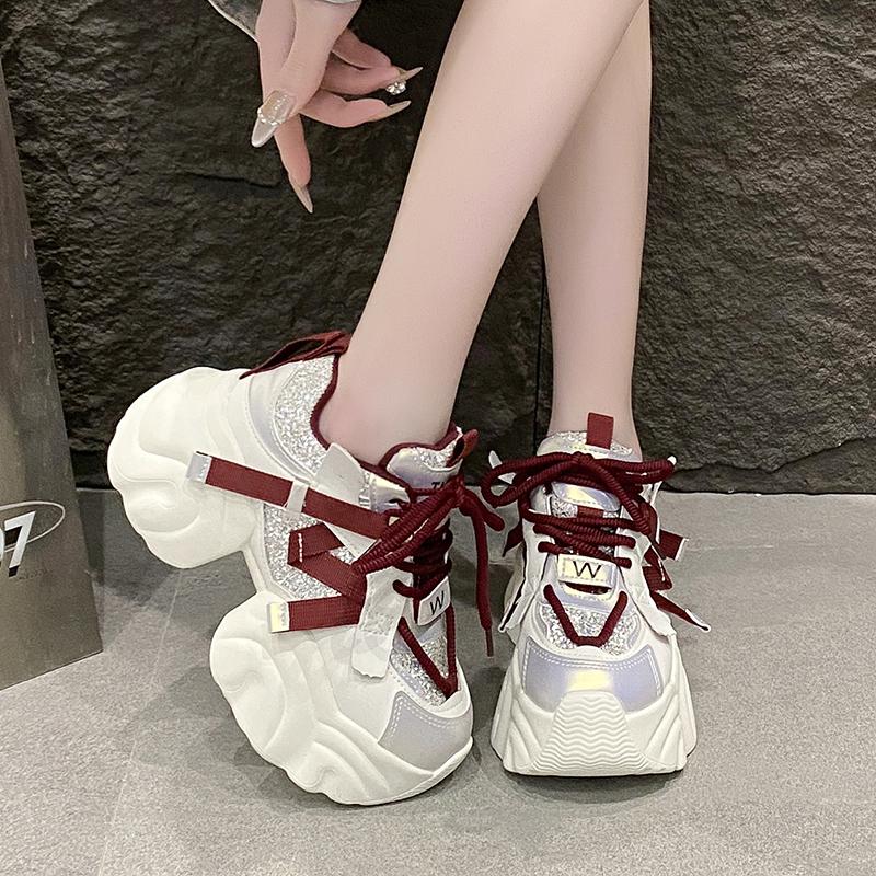 Fashion Women Autumn Spring Chunky Sneakers Thick Bottom Leather Shoes High Platform Vulcanize Shoes Bling Casual Sports Dad Shoes 7CM