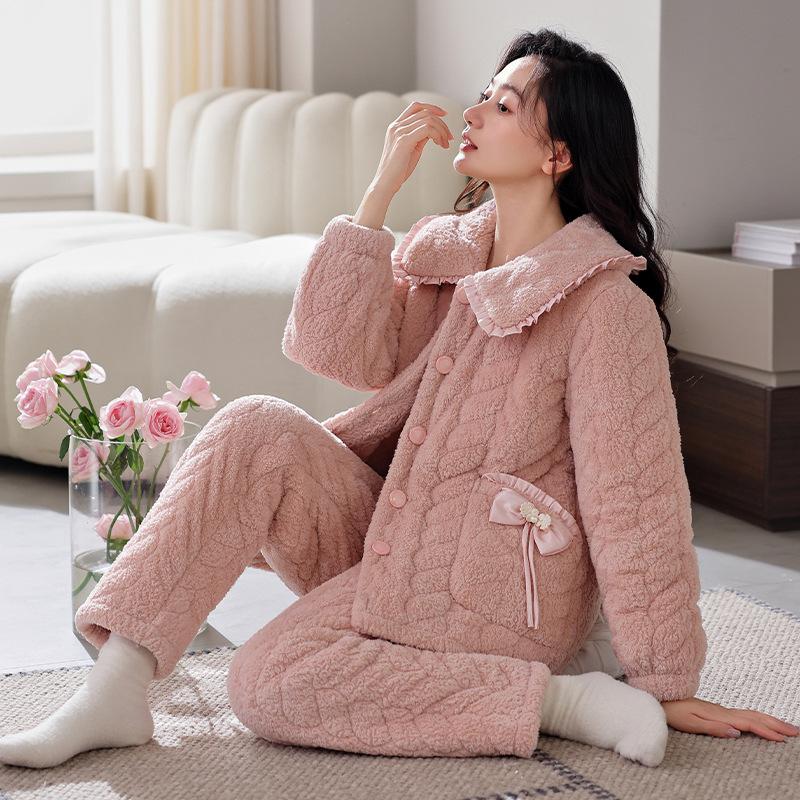 Женская пижама из кораллового флиса, трехслойная, с подкладкой, осенне-зимняя, утолщенная, теплая, с подкладкой, комплект для дома