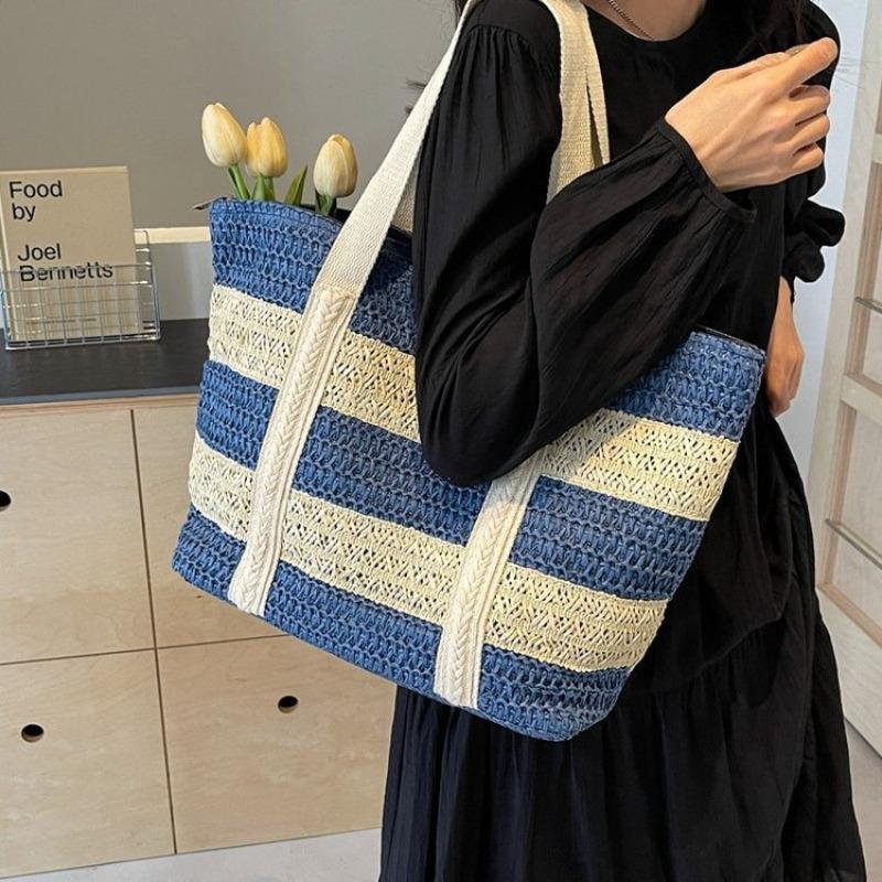 Striped Straw Bag, High-end Shoulder Woven Woven Bag, Large Capacity Tote Seaside Vacation Beach Bag