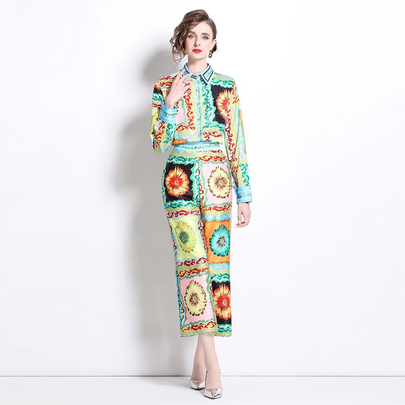 Runway Designer Vintage Print Pant Two Piece Set for Women Turn-down Shirt And Ankle Length Trousers Office Business Suit