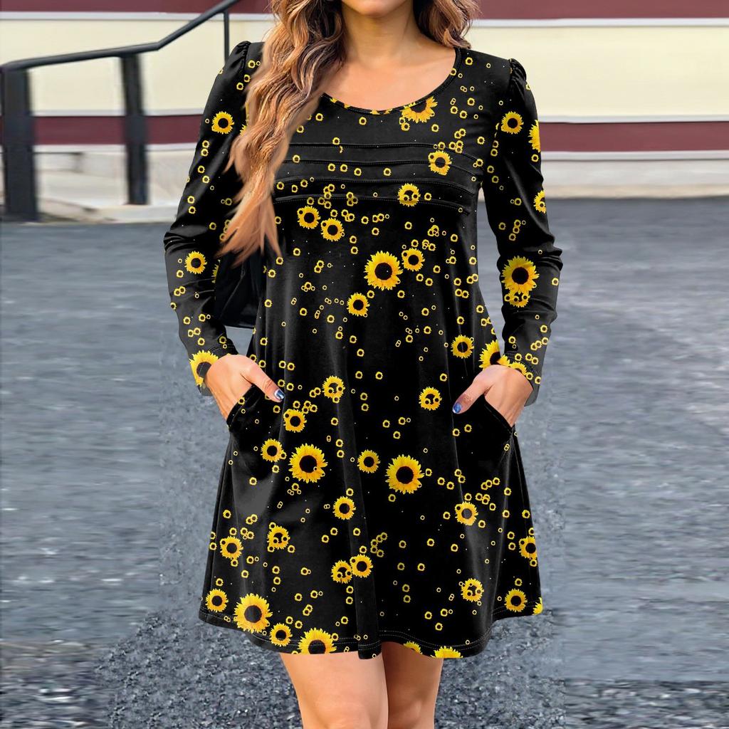 Женское платье с длинным рукавом, осеннее повседневное, футболка, свободного кроя, с плиссировкой спереди, платья с карманами