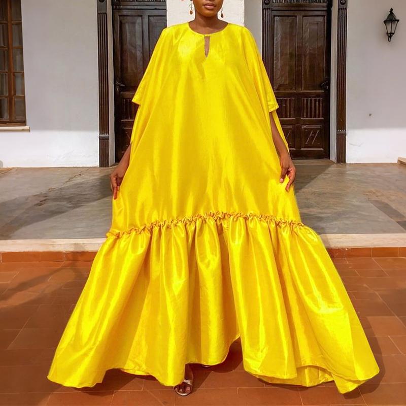 Plus Size Women O Neck Batwing Sleeve Ruffled Loose Party Maxi Long Dress