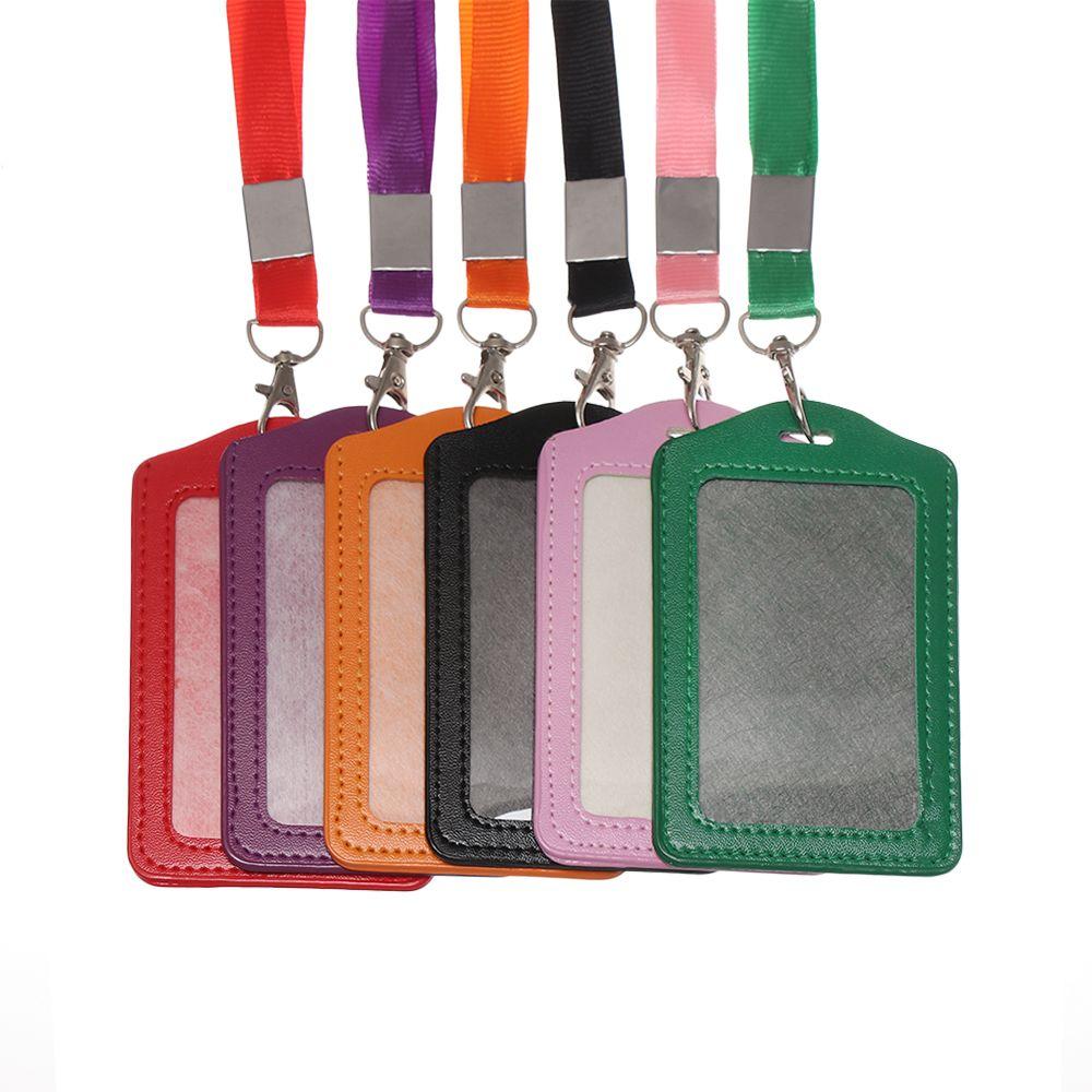 ID Leather Card Holders Lanyard Card Sleeve Women Men PU Bank Card Name Credit Card Holders Neck Strap Card Candy Colors
