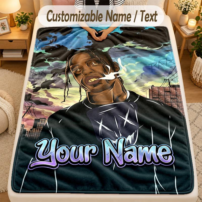 Flannel BlanketTravis Scott Custom Name Text Personalized Soft Warm Throw Blanket Home Decor Gift