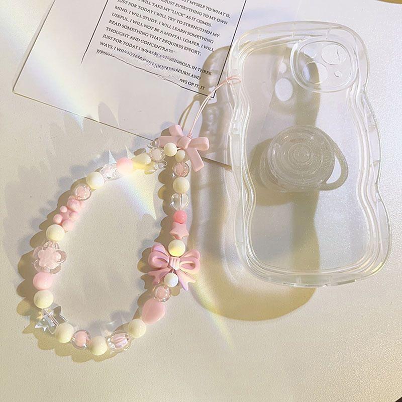 Pink Bow Beads Lanyard Anti-Lost Bracelet For Mobile Phone Case Wrist Strap Lanyard Cute Phone Keychain Portable Rope Chain