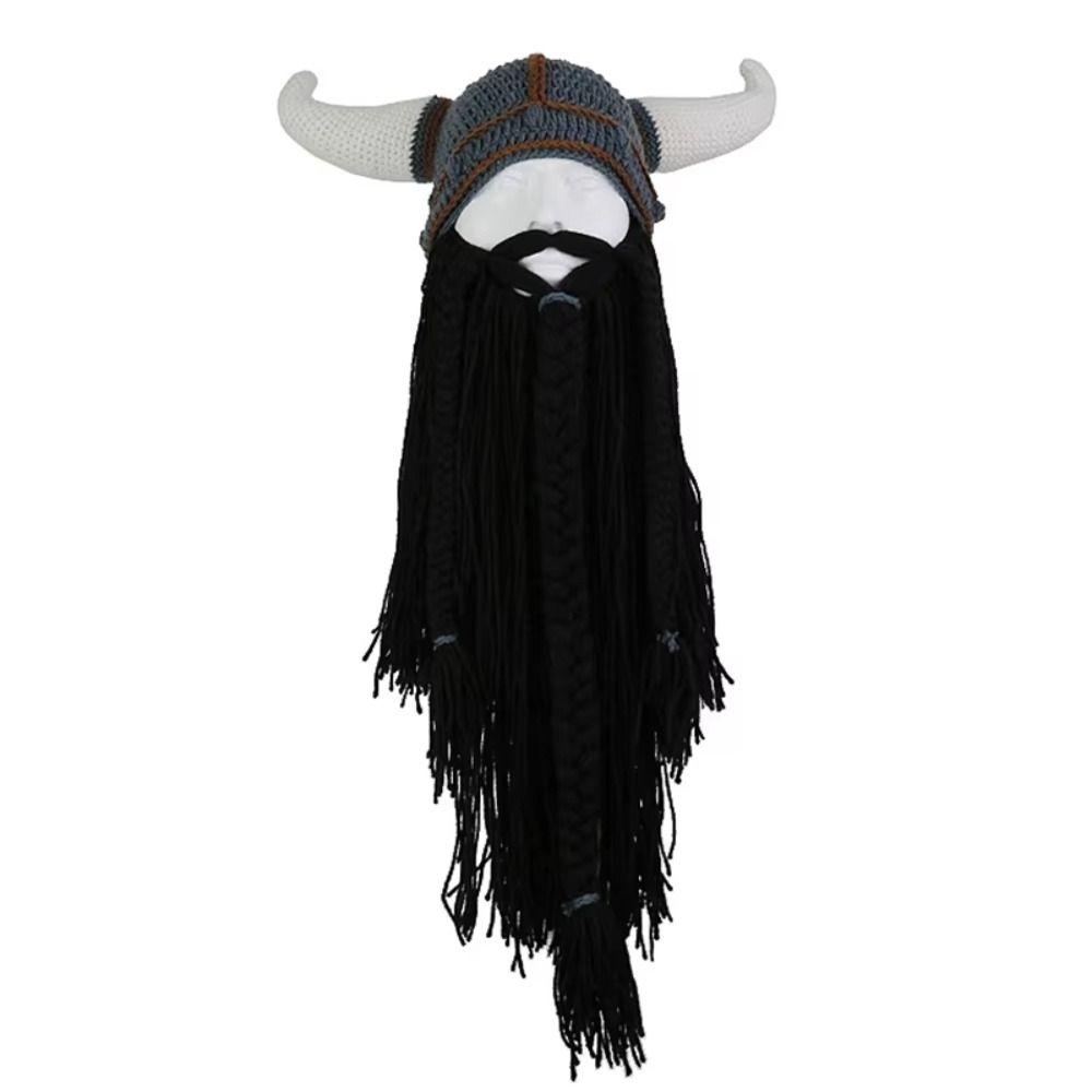 Hand Weave Bearded Funny Caps Funny Tricky Big Beard Mask Hat Novelty Viking Horn Hat Christmas