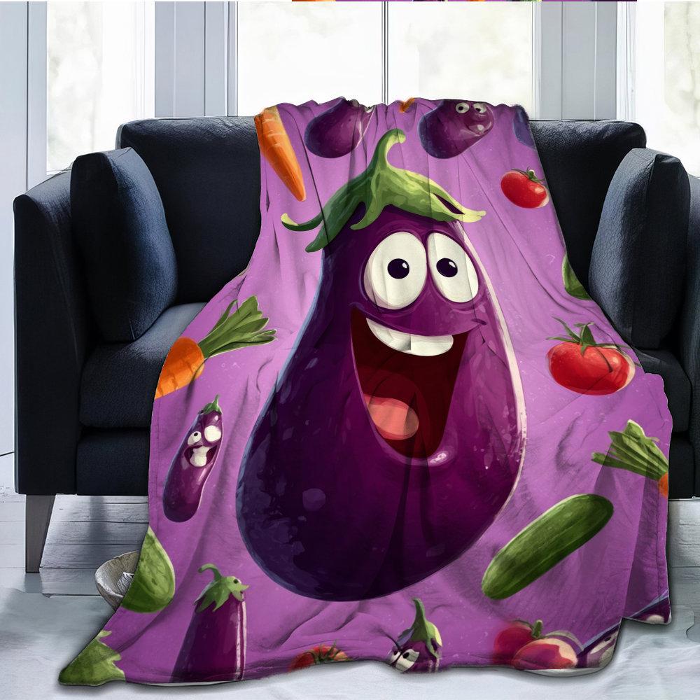funny smiling eggplant Flannel printed blanket suitable for all seasons suitable for living room office sofa and travel