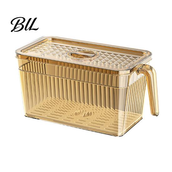 Kitchen Fridge Organizer Box Refrigerator Storage with Lid And Handle Built-in Drain Partition Transparent Container for Fruits Vegetables Fresh Food