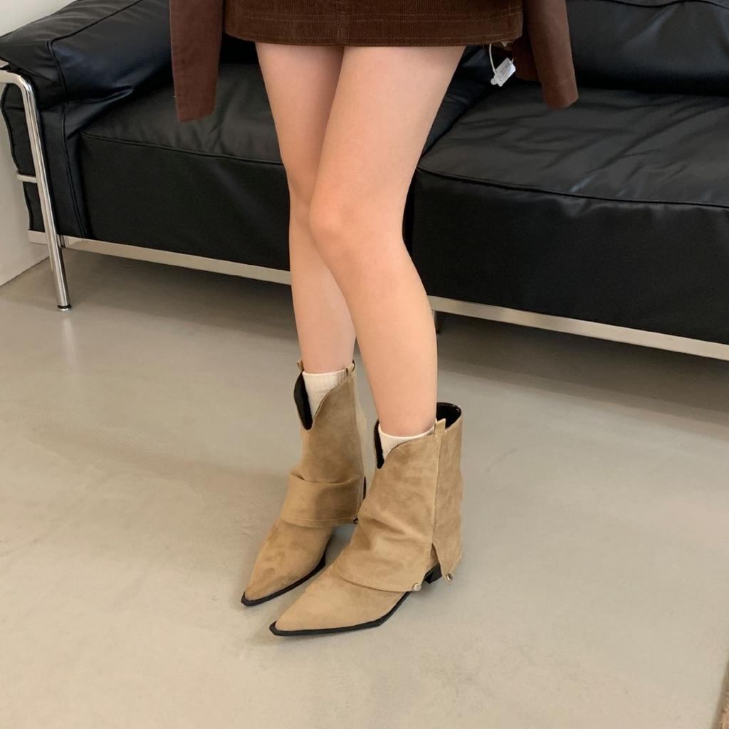 American Suede Skinny Pointed Retro Fashion Small Man Heightening Horseshoe Heel 2025 Long Johns Tube Boots Stacking Boots Women