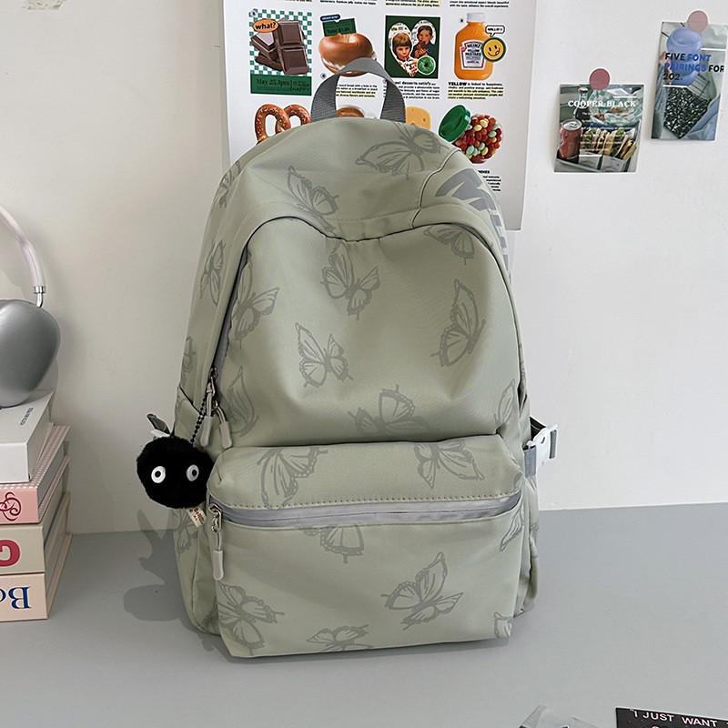 Simple Solid Color Butterfly Pattern Student Backpack With Plush Pendant For School And College Students